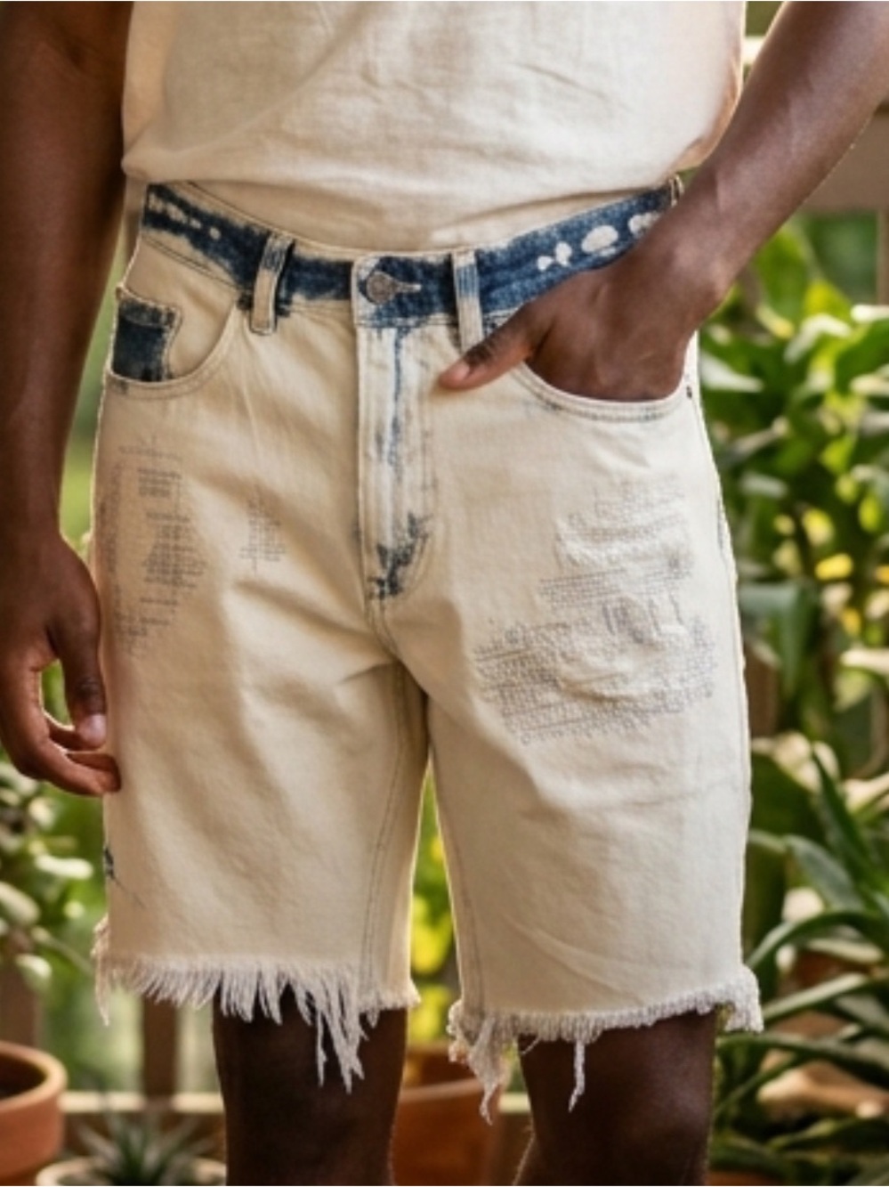 Oak & Acorn Men Super Distressed Bleached Jean Short Sz 28 Raw Hem Punk Grunge*